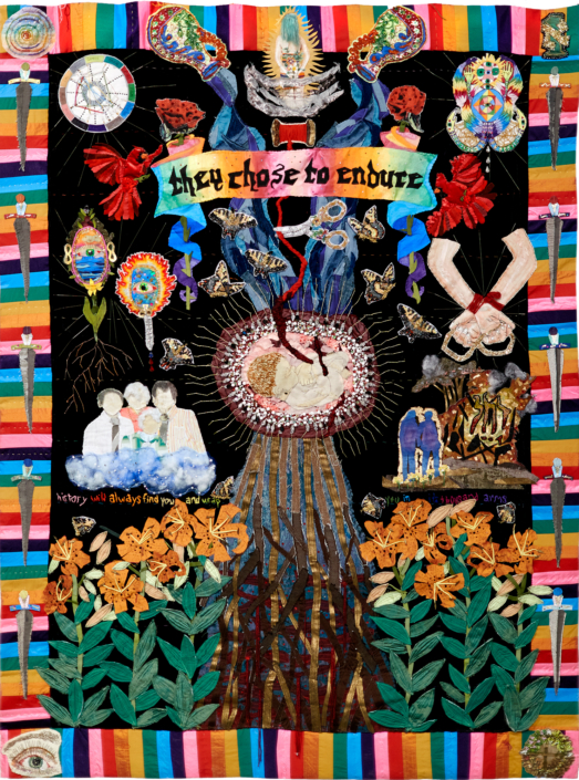 Pangea Kali Virga, History Will Always Find You And Wrap You In Its Thousand Arms, 2023, Up-cycled fiber from old clothing/interior design swatches/leather/vintage yardage, human hair, up-cycled rhinestones, up-cycled beads, vintage thread, blood, 60″ x 50″