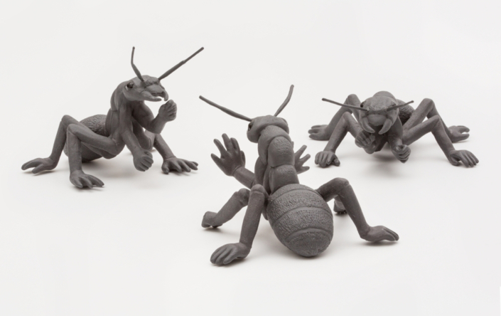 Kate MacDowell, Tribe:Foe, 2015, slip-cast and hand-built vitreous china, mixed media, glaze, Dimensions variable (4-4.5″ x 3-4″ x 2-2.5″)