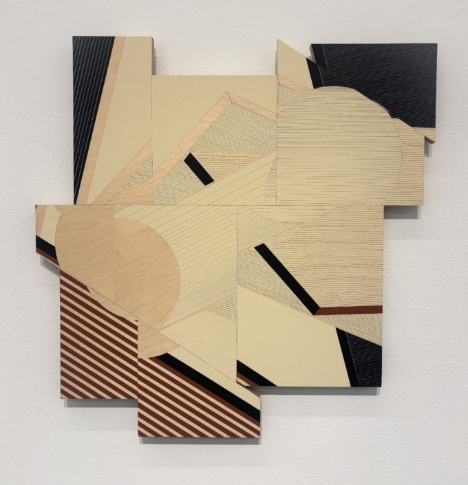 Ernesto Garcia Sanchez, Reconstrucción con franjas rojas, 2026, Acrylic and crayon on plywood, 27.5″ x 27″