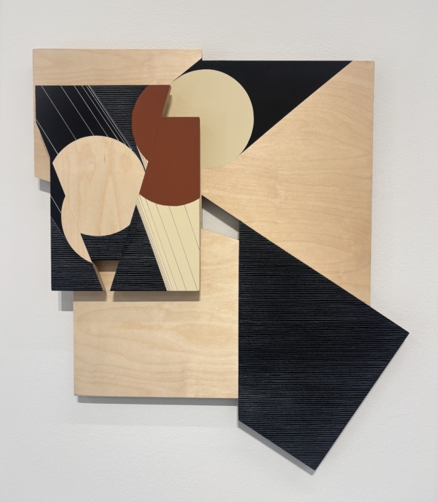 Ernesto Garcia Sanchez, Acople 3 (collage rojo negro y color madera), 2026, Acrylic and crayon on plywood, 29.5″ x 26.5″