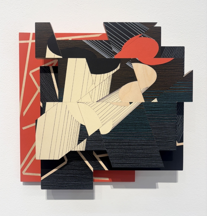Ernesto Garcia Sanchez, Acoples, superposition in red and black, 2026, Acrylic and crayon on plywood, 15.75″ x 17.75″ x 3.75″