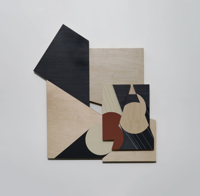 Ernesto Garcia Sanchez, Acople 3 (collage rojo negro y color madera), 2026, Acrylic and crayon on plywood, 29.5″ x 26.5″