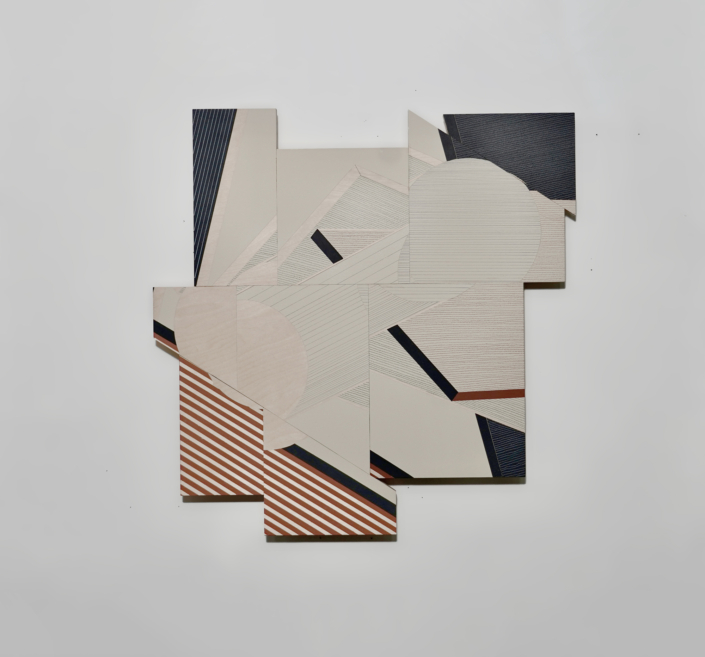 Ernesto Garcia Sanchez, Reconstrucción con franjas rojas, 2026, Acrylic and crayon on plywood, 27.5″ x 27″
