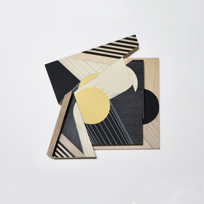 Ernesto Garcia Sanchez, Tres cilindros amarillo – negro y arena, 2026, Acrylic and crayon on plywood, 15.75″ x 14″
