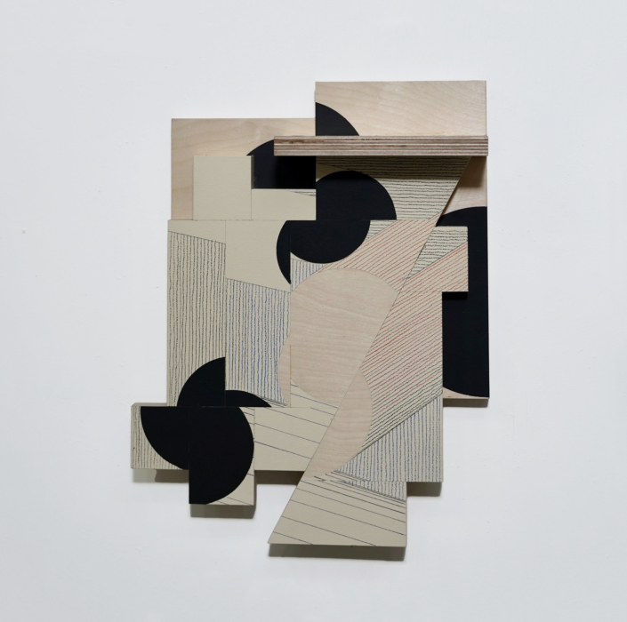 Ernesto Garcia Sanchez, Tres circulos negros o tres cilindros, 2026, Acrylic and crayon on plywood, 17″ x 13.5″