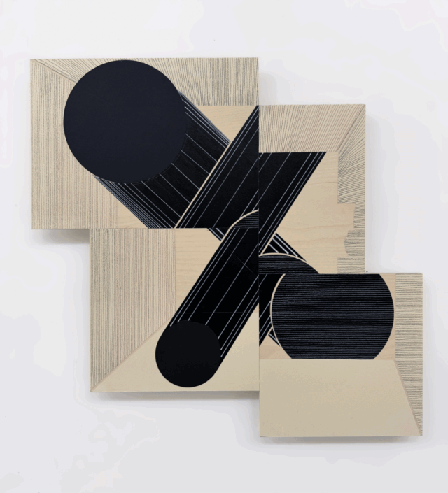 Ernesto Garcia Sanchez, Acople 2 (dos cilindros negros), 2026, Acrylic and crayon on plywood, 25″ x 25″