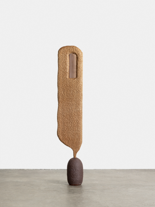 Marie Herwald Hermann, Behind my foreground, 2026, Cherrywood, stoneware, and glass, 64″ x 17″ x 12″. Photography by Travis Roozée
