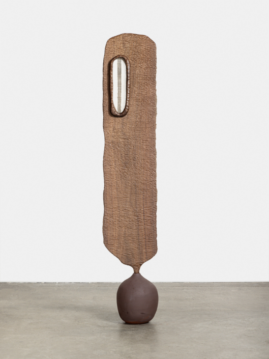 Marie Herwald Hermann, Shared shapes, 2026, Mahogany, stoneware, and sinamay, 65″ x 16″ x 19″. Photography by Travis Roozée