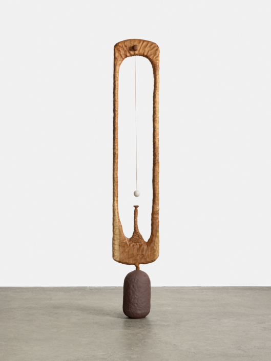 Marie Herwald Hermann, Still points and shared shapes, 2026, Cherrywood, stoneware, porcelain, and leather-string, 66″ x 15″ x 10″. Photography by Travis Roozée